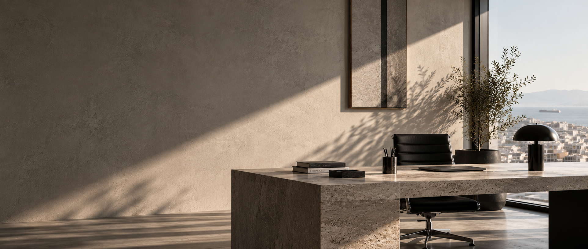 Sunlit minimalist marble desk in a modern executive office